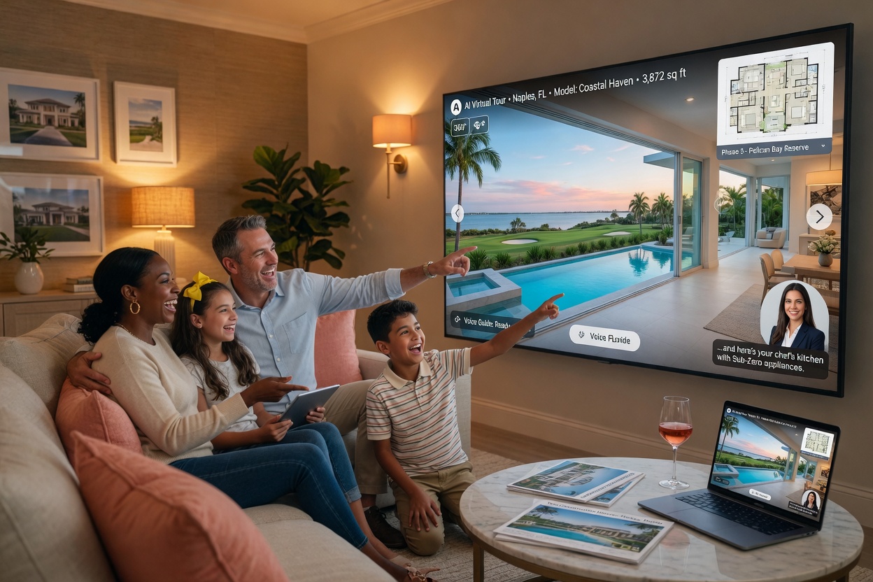 Happy family experiencing an immersive AI virtual tour of a new construction home in Naples Florida on a large television, warm interior lighting, lifestyle photography style 8K