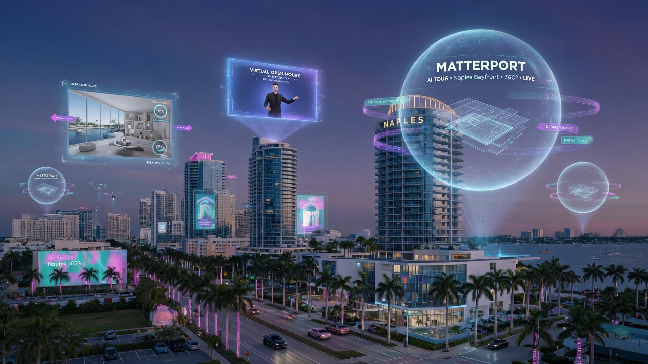 Panoramic futuristic view of downtown Naples Florida skyline with multiple holographic AI Matterport virtual tours floating above prominent buildings, cyberpunk meets luxury, 8K