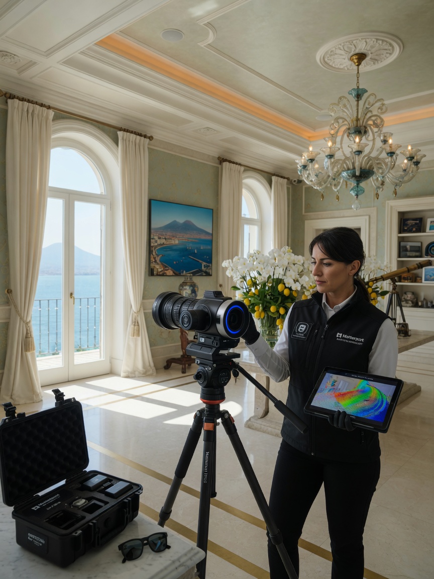 Professional technician using advanced LiDAR Matterport Pro3 camera inside a modern Naples luxury home, natural lighting, highly detailed interior, 8K resolution, photorealistic