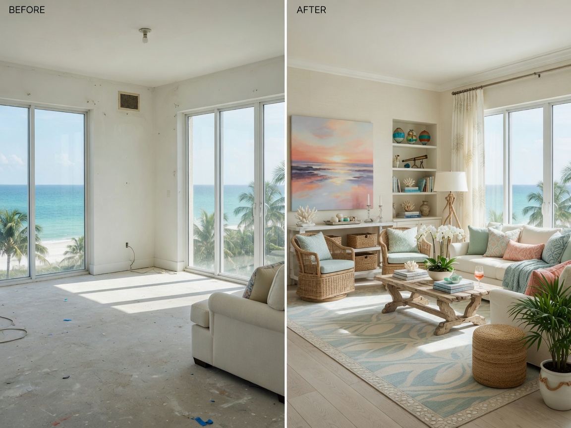 Split screen comparison of empty room versus AI virtual staged luxury coastal living room in Naples Florida, before and after, natural window light, 8K ultra realistic