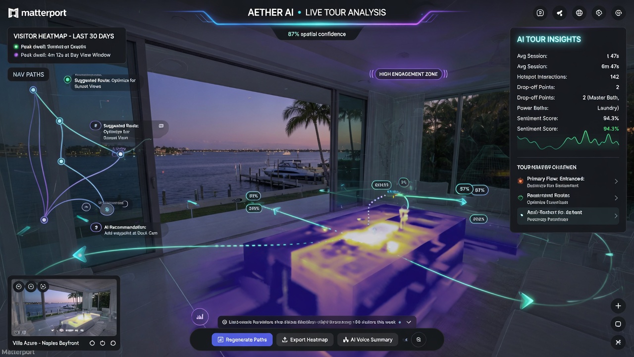 Futuristic AI interface overlay on a Matterport virtual tour showing navigation paths, heat mapping, and analytics data, dark mode UI, Naples waterfront property background