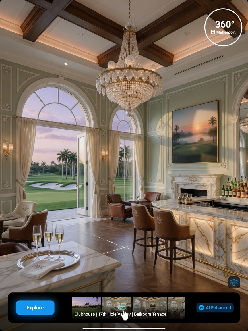 Immersive first person view inside an AI enhanced Matterport virtual tour of a high-end Naples golf course community clubhouse, rich architectural details, 8K photorealistic