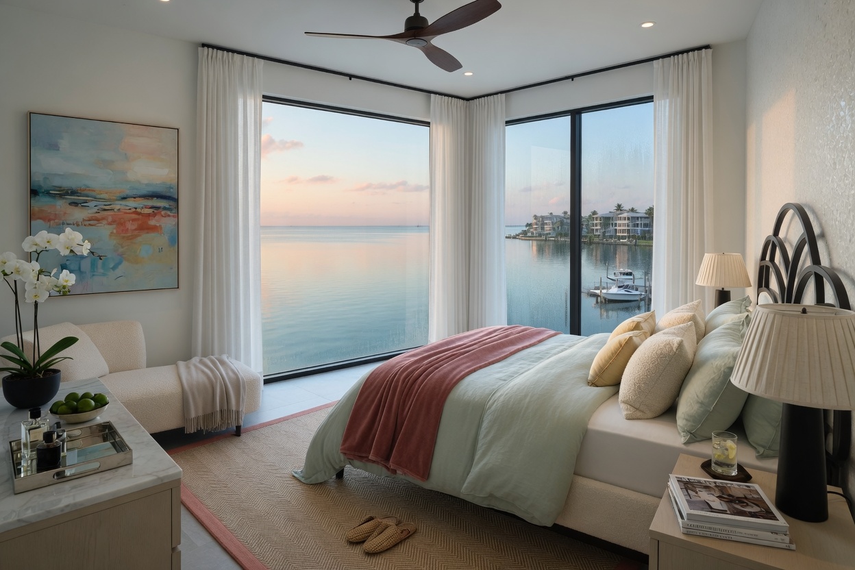 AI generated virtual staging of a contemporary waterfront master bedroom in Naples Florida, ocean view through floor to ceiling windows, luxurious bedding, soft morning light, 8K