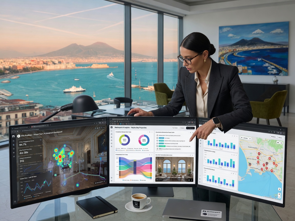 Business professional analyzing detailed analytics dashboard from AI Matterport virtual tours on multiple monitors, modern office overlooking Naples bay, photorealistic 8K