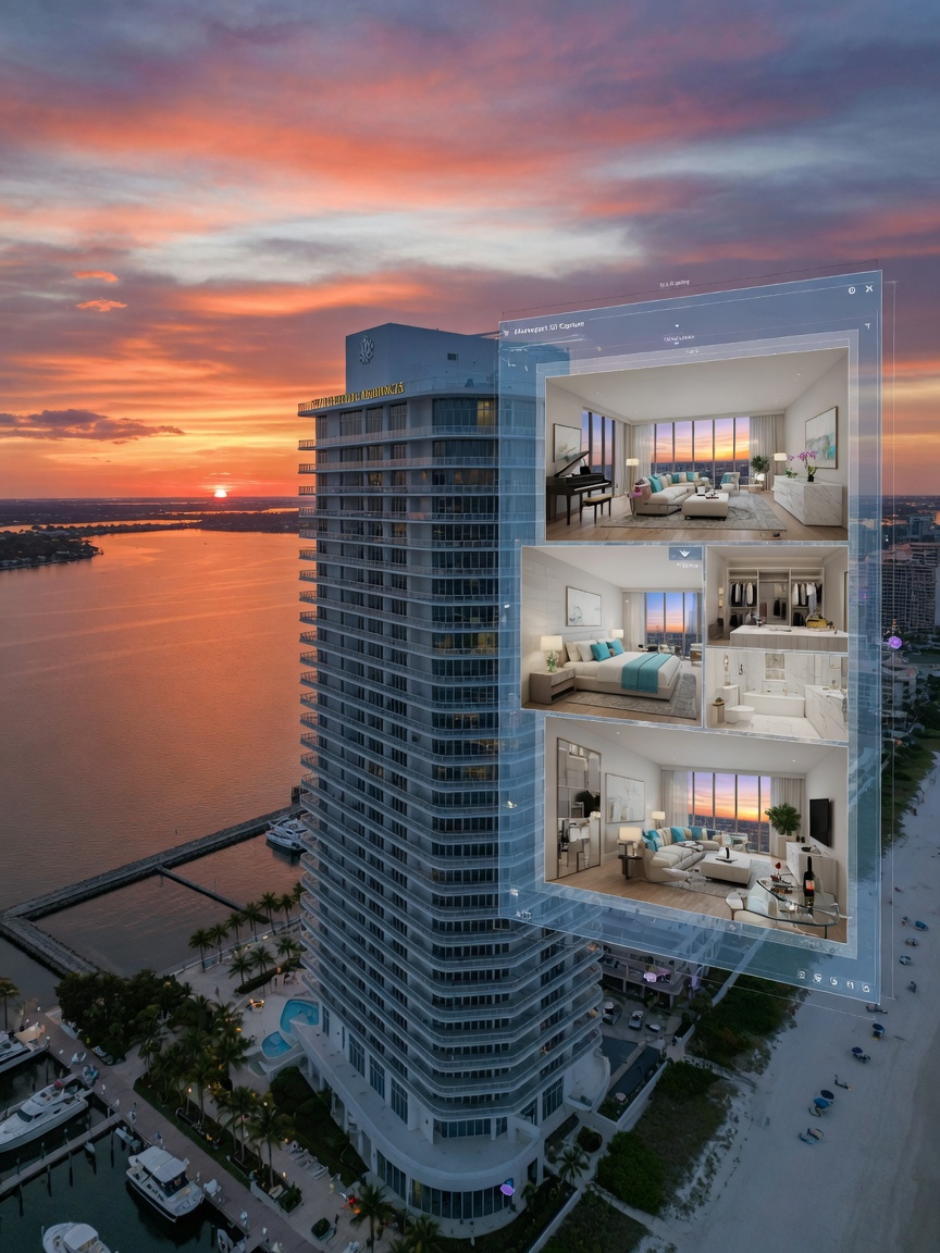 Dramatic aerial perspective of Marco Island Florida luxury condominium building with transparent 3D Matterport scan overlay showing interior rooms, sunset lighting, 8K