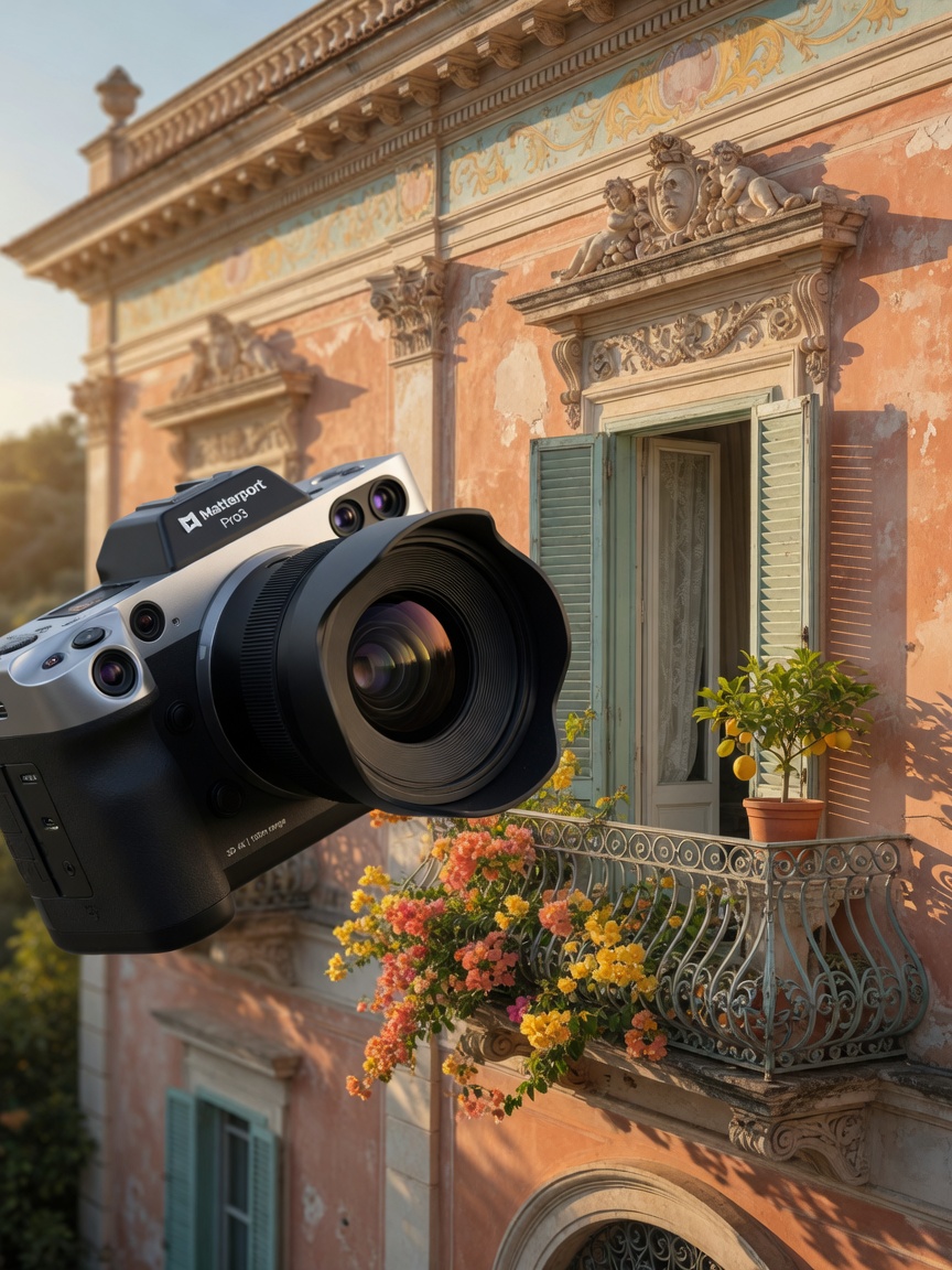 Close-up of Matterport LiDAR camera capturing intricate architectural details of a Naples Mediterranean style villa, golden sunlight, ultra sharp 8K detail