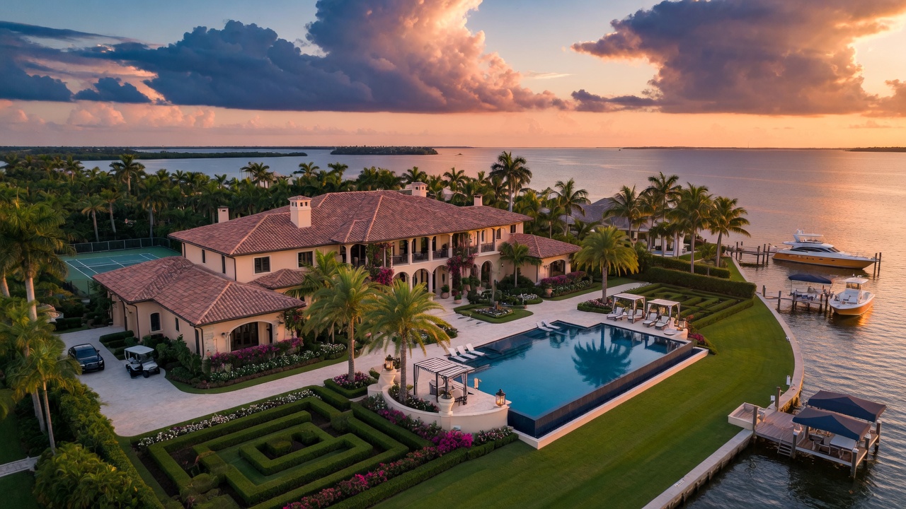 Ultra-realistic 8K aerial photograph of a luxurious waterfront estate in Naples Florida at golden hour with dramatic clouds, infinity pool overlooking the Gulf of Mexico, perfectly manicured landscaping, cinematic composition, photorealistic detail