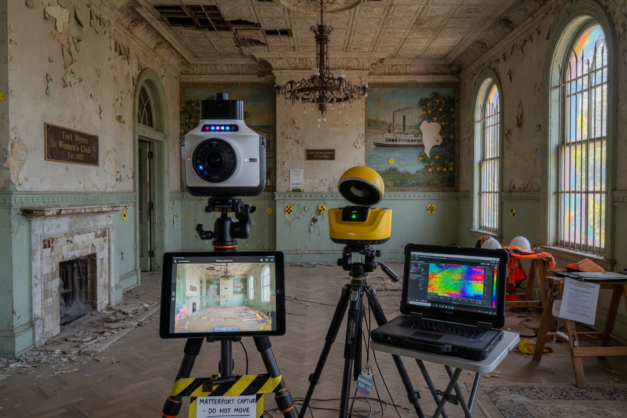 Ultra-realistic 8K image of a hybrid Matterport and LIDAR scanning setup in a historic Fort Myers building with both devices visible and detailed architectural elements