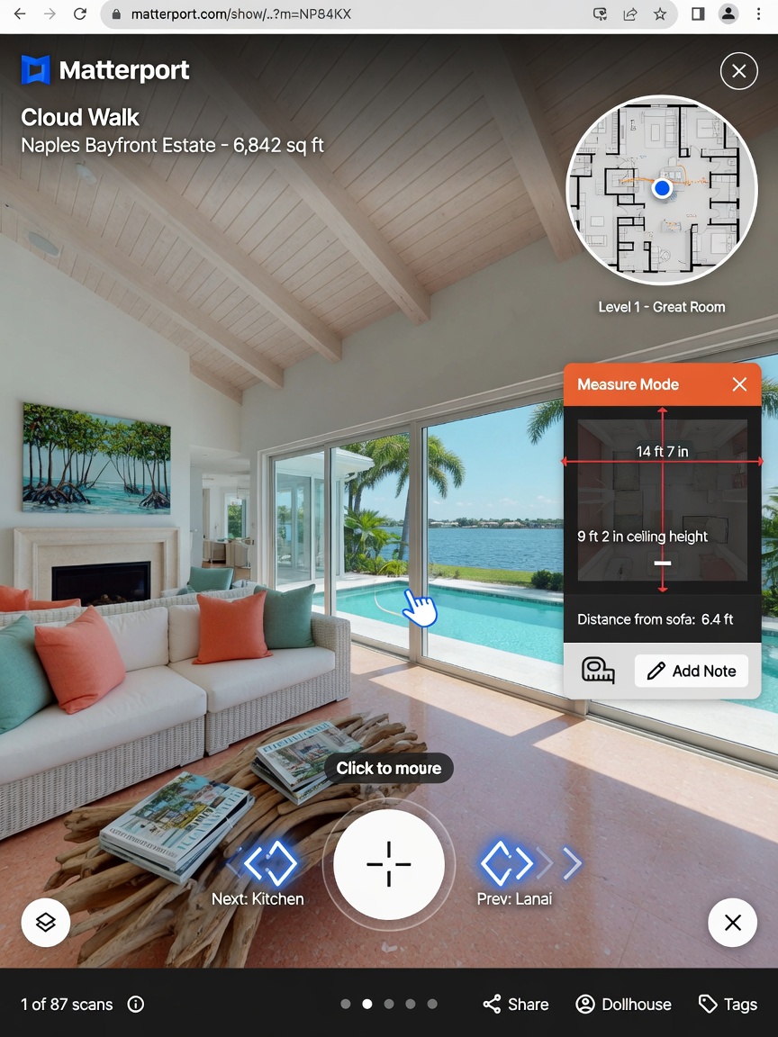 Immersive 8K first-person perspective inside a Matterport virtual tour of a luxury Southwest Florida home showing navigation controls and measurement tools