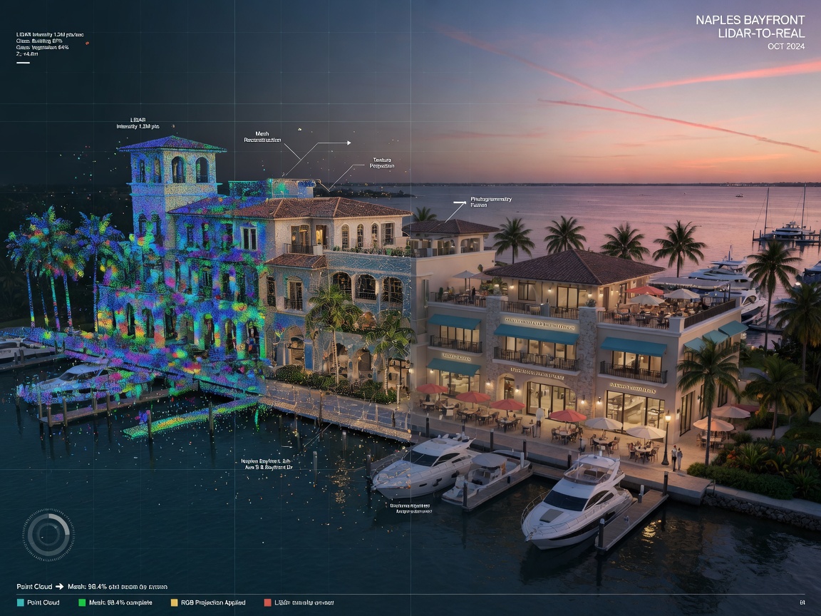 8K technical visualization of LIDAR point cloud data transforming into a photorealistic 3D model of a waterfront commercial property in Naples Florida at dusk