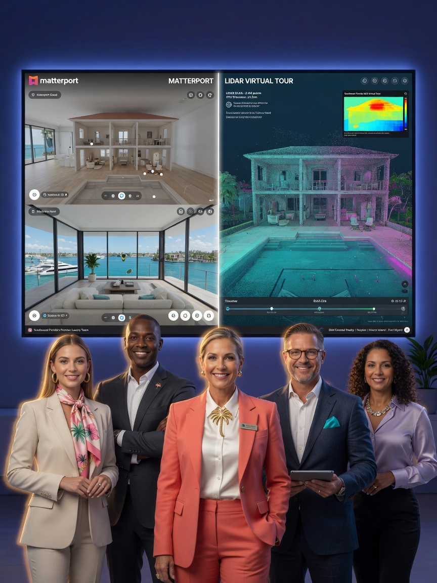 Professional 8K portrait of a Southwest Florida real estate team standing in front of a large digital screen displaying both Matterport and LIDAR virtual tours side by side