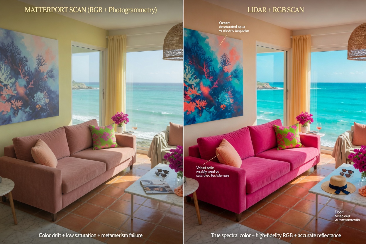 Ultra-detailed 8K image showing the difference in color accuracy between Matterport and LIDAR scans of the same vibrant coastal interior with turquoise ocean views