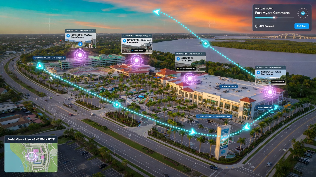 Cinematic 8K aerial view of a large-scale commercial development in Fort Myers with digital overlay showing virtual tour navigation paths and hotspots