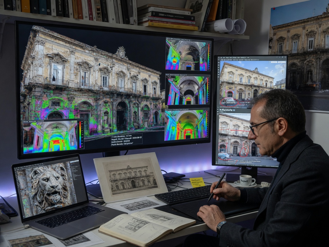 8K photorealistic image of an architect analyzing highly detailed LIDAR scan data of a historic Naples building on multiple high-resolution monitors