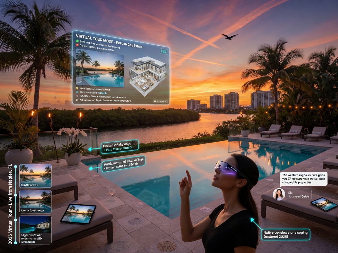 Ultra-realistic 8K visualization of future 2026 virtual tour technology with augmented reality elements overlaid on a Southwest Florida luxury pool deck at sunset