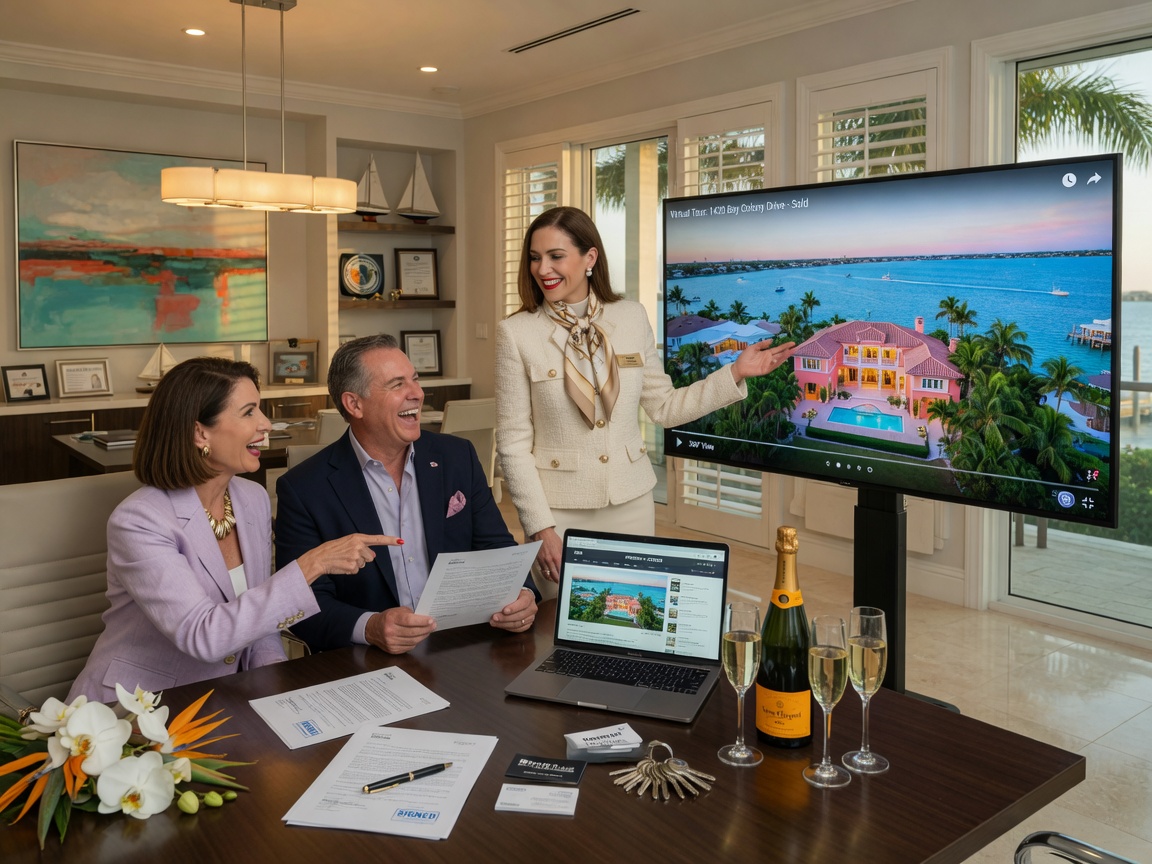 Professional 8K conclusion scene showing a successful real estate closing meeting with clients viewing a stunning virtual tour of a waterfront property on a large television in a Naples office