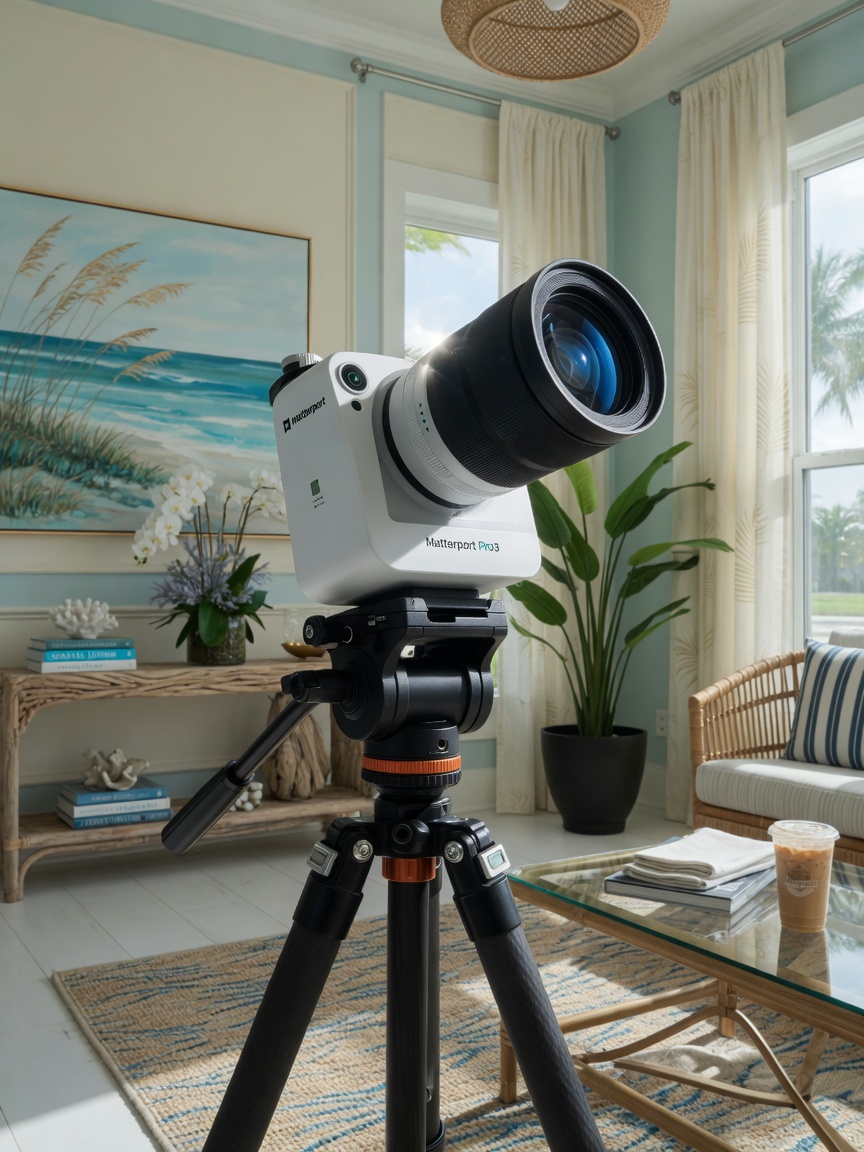 Professional 8K close-up of a Matterport Pro3 camera mounted on a tripod inside an elegant Fort Myers living room with modern coastal decor, natural light streaming through large windows, highly detailed textures
