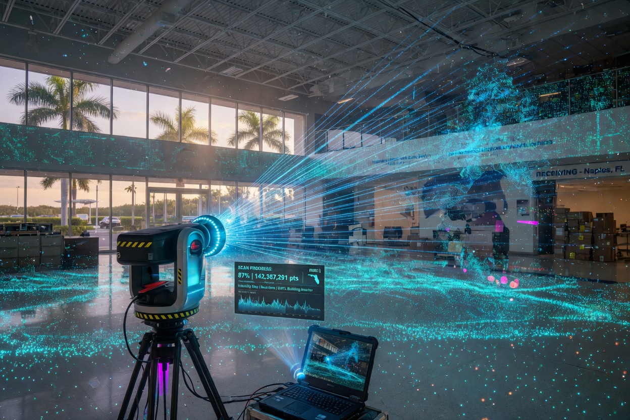 Ultra-detailed 8K visualization of a professional LIDAR scanner emitting laser beams creating a dense point cloud of a large commercial building interior in Southwest Florida, futuristic blue and cyan data visualization