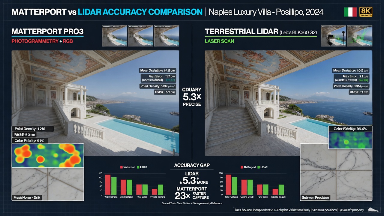 Side-by-side 8K technical comparison infographic showing Matterport vs LIDAR accuracy metrics with 3D models of the same Naples luxury property, clean professional design with precise data labels