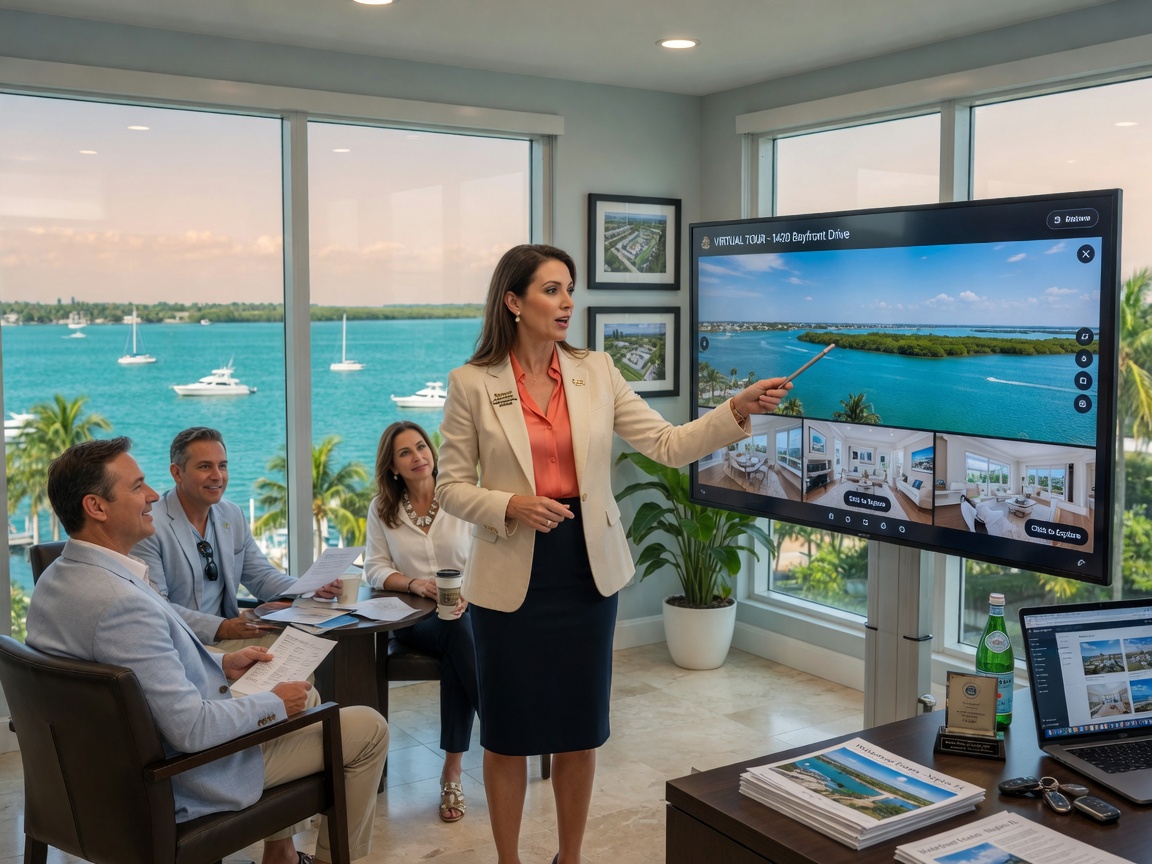 Photorealistic 8K image of a real estate agent in business attire demonstrating a virtual tour on a large monitor to clients in a Naples waterfront property office, natural lighting, professional atmosphere