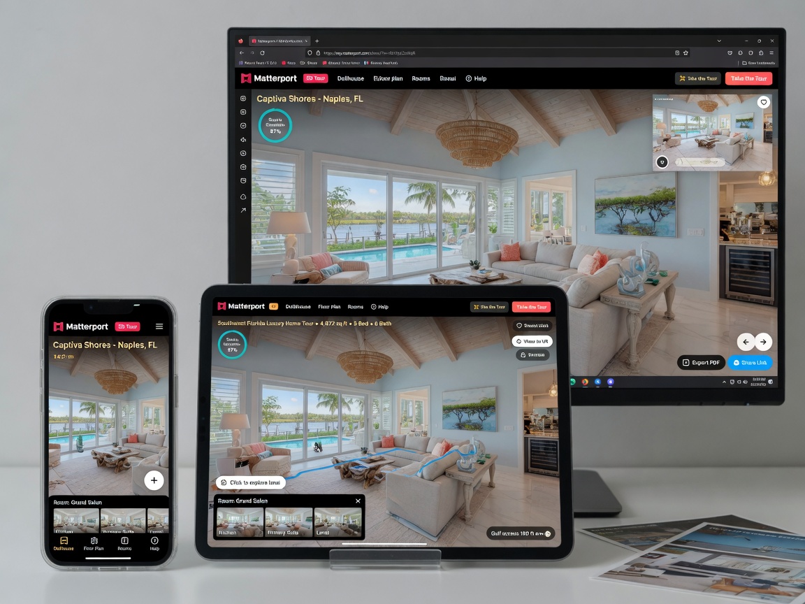 Ultra-realistic 8K rendering of a Matterport virtual tour interface displayed on multiple devices including smartphone, tablet and desktop showing the same Southwest Florida luxury home interior