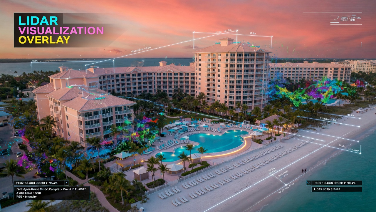 Dramatic 8K photograph of a sprawling Fort Myers Beach resort complex captured with LIDAR technology visualization overlay showing precise measurement lines and point cloud data