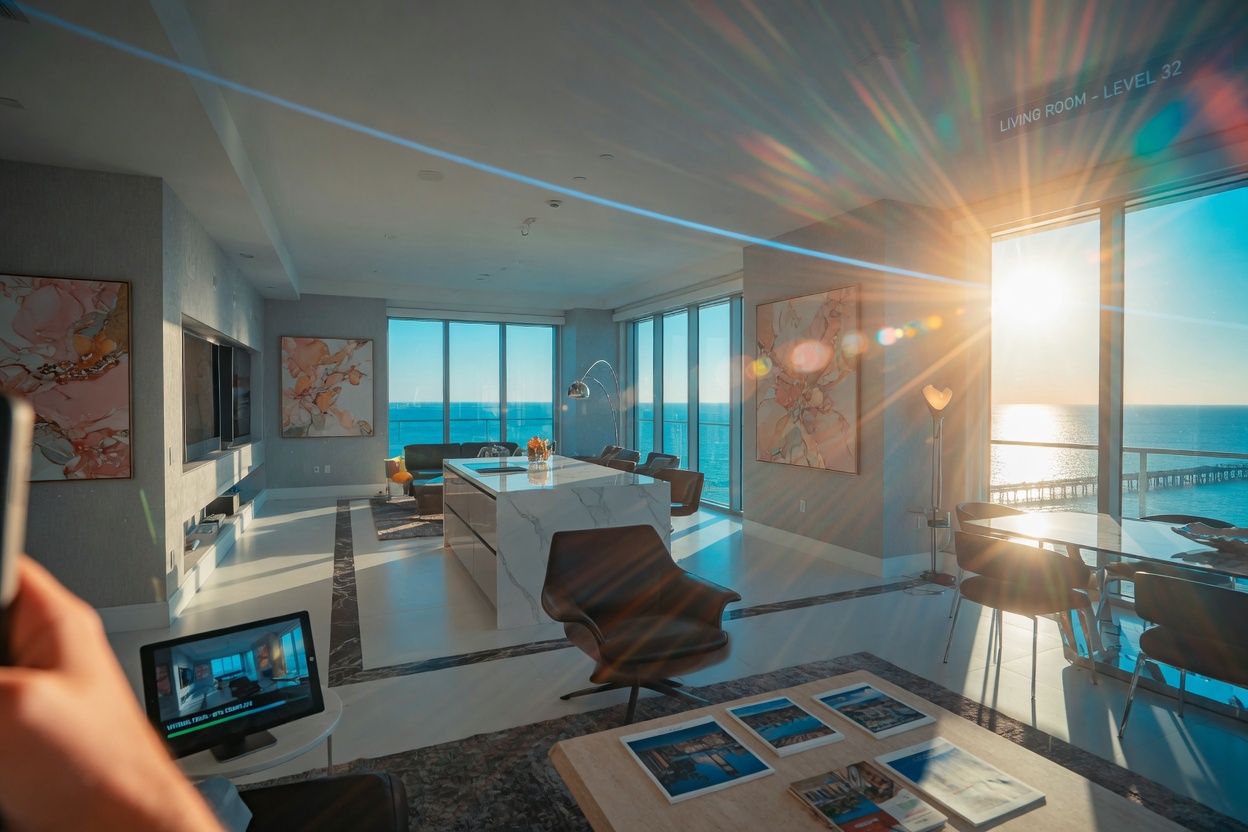 8K cinematic image of intense Florida sunlight creating lens flare as it streams through floor-to-ceiling windows in a modern Naples penthouse during a virtual tour scan