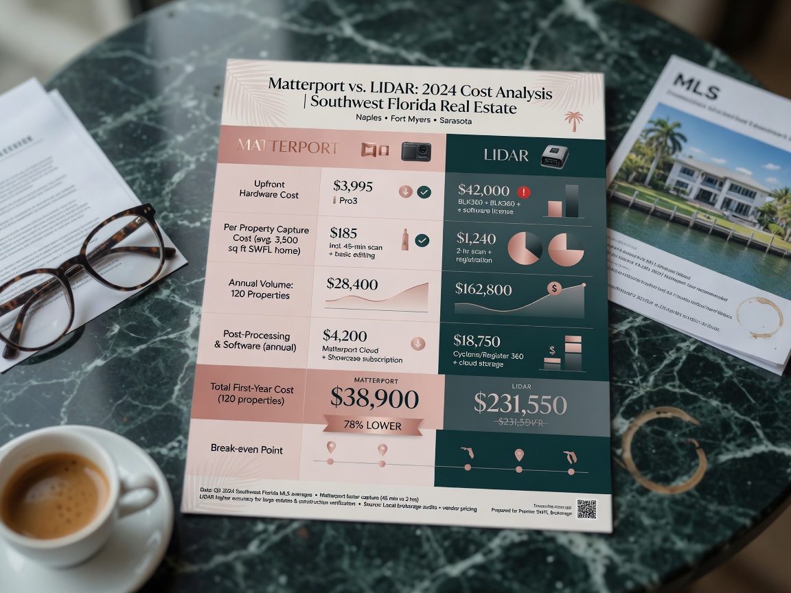 Professional 8K comparison chart visualization showing cost analysis between Matterport and LIDAR solutions for Southwest Florida real estate with elegant financial graphics