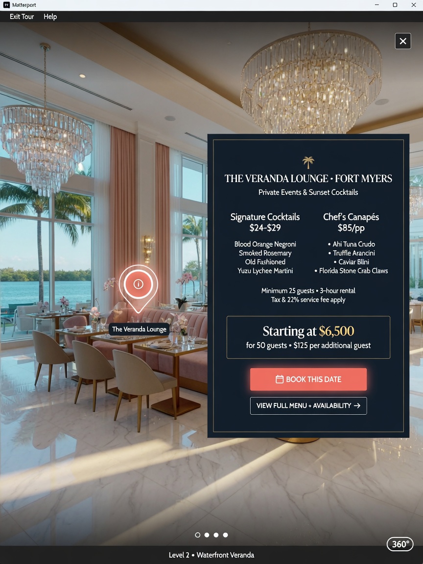Interactive hotspot demonstration on a Matterport virtual tour showing menu information, pricing, and booking buttons in a luxury Fort Myers venue