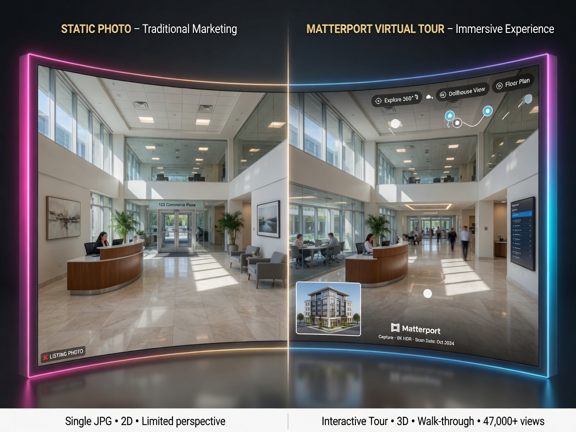 Before and after split screen of commercial property marketing: static photos versus immersive Matterport virtual tour, professional comparison, 8K resolution