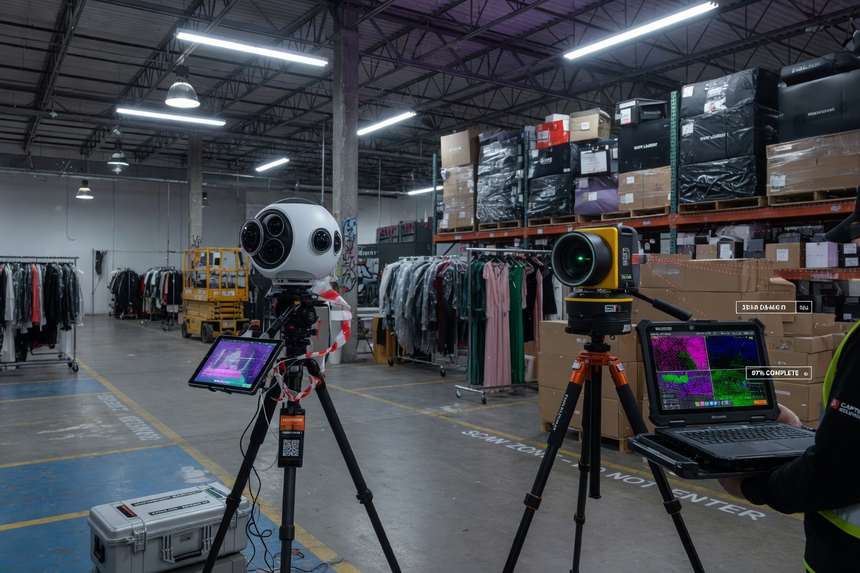 Ultra-realistic 8K photograph of large commercial warehouse interior being scanned with both Matterport and LiDAR equipment, high ceilings, concrete floors, industrial lighting