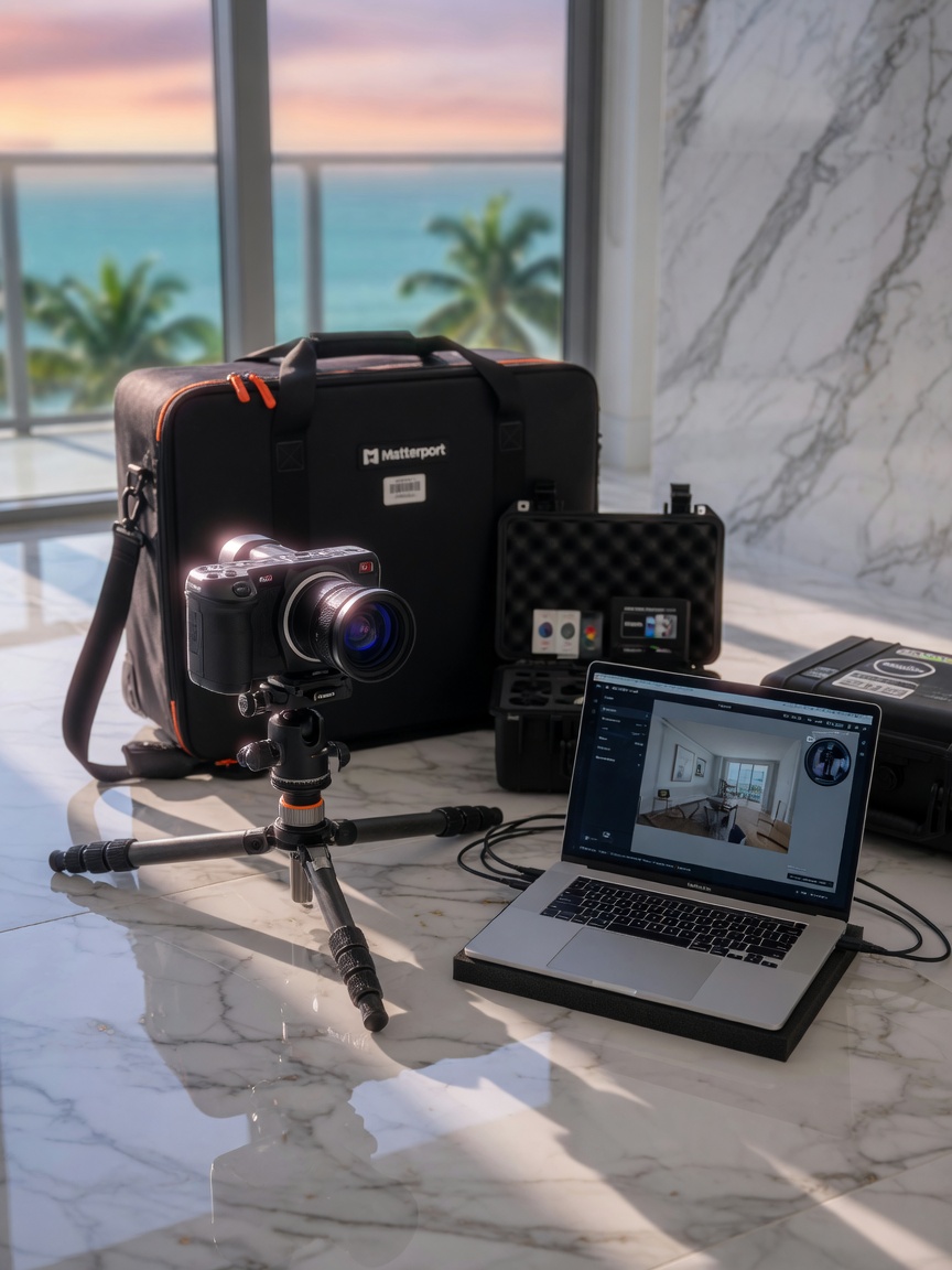 Professional Matterport scanning equipment including Pro3 camera, tripod, laptop, and carrying case neatly arranged on a marble floor of a high-end Marco Island condominium, 8K product photography