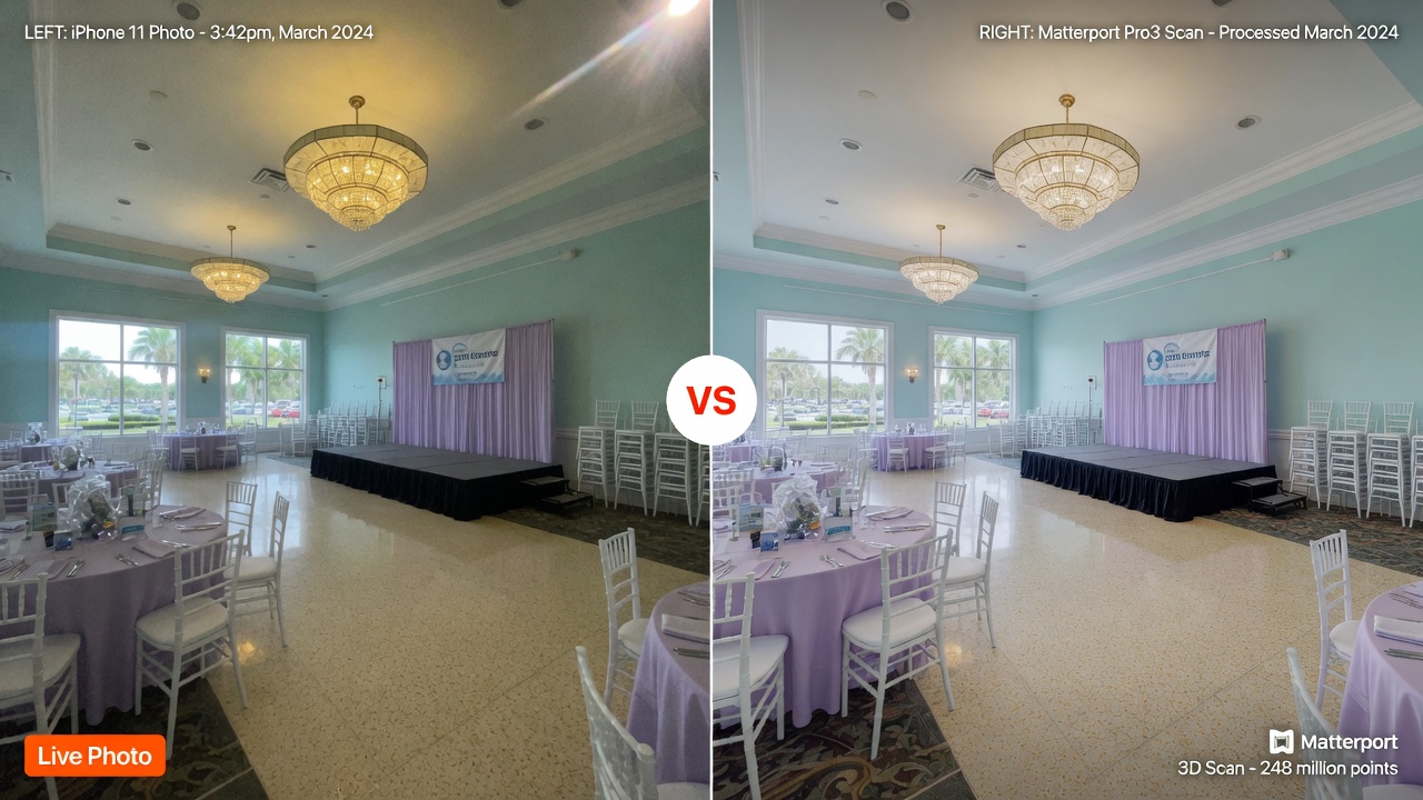 Dramatic comparison of low-quality phone photos versus professional Matterport scan of the same SWFL event space, side by side 8K resolution