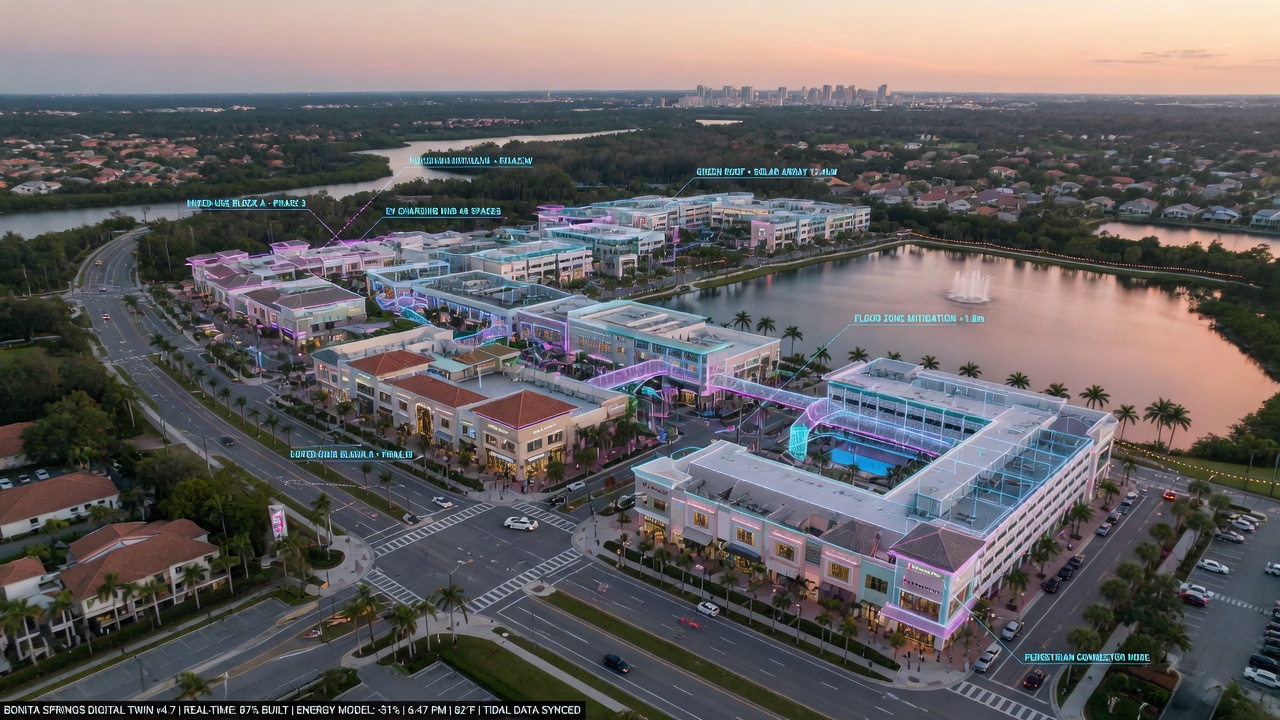 Aerial view of mixed-use commercial development in Bonita Springs Florida with overlaid digital twin wireframe, futuristic yet realistic, dramatic 8K rendering