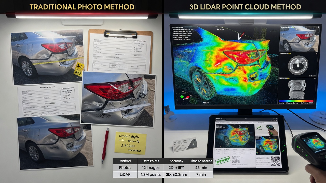 8K image showing before and after comparison of insurance claim documentation using 3D LiDAR point cloud versus traditional photos, damage assessment visualization