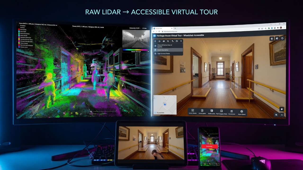 Ultra-realistic 8K split screen image showing raw LiDAR point cloud data transforming into a fully rendered accessible virtual tour viewed on multiple devices