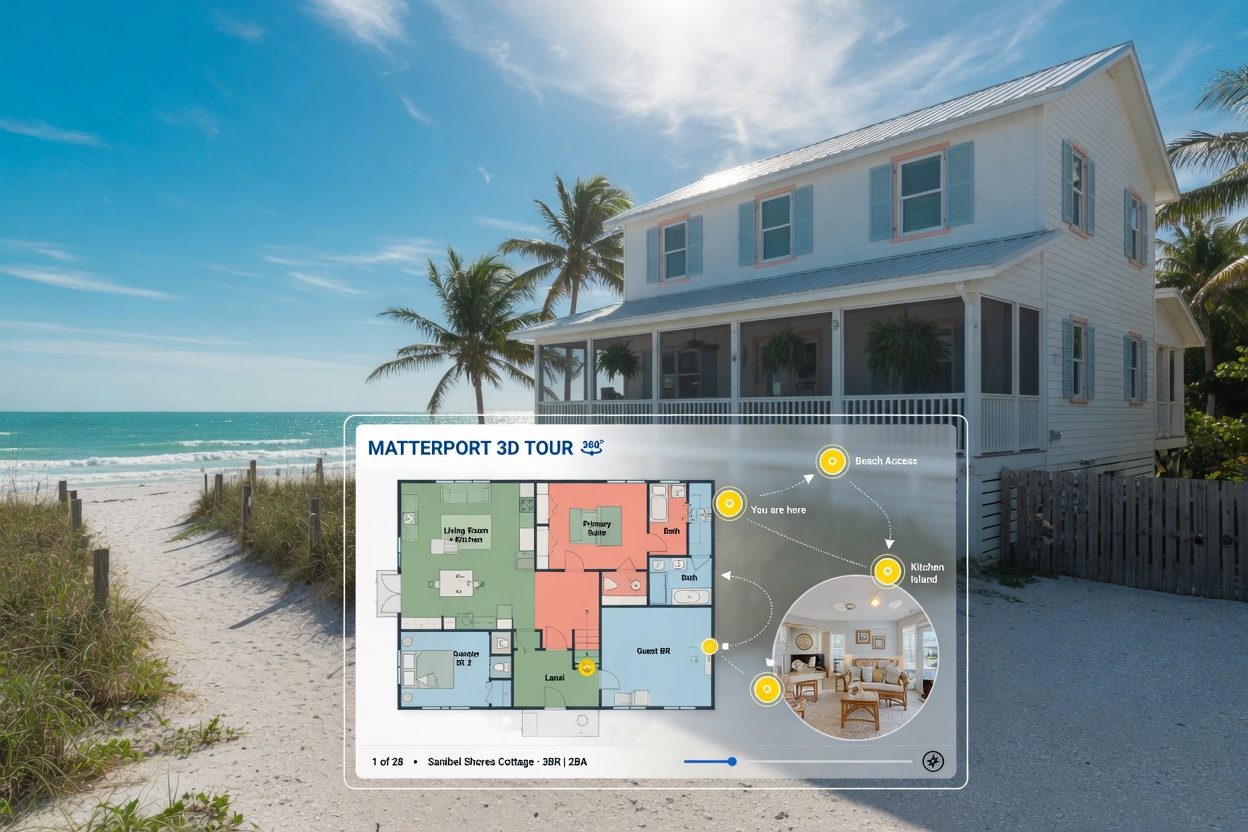Vacation rental property on Sanibel Island with interactive Matterport tour overlay showing floor plan and navigation dots, beach visible in background, bright sunny day, 8K resolution