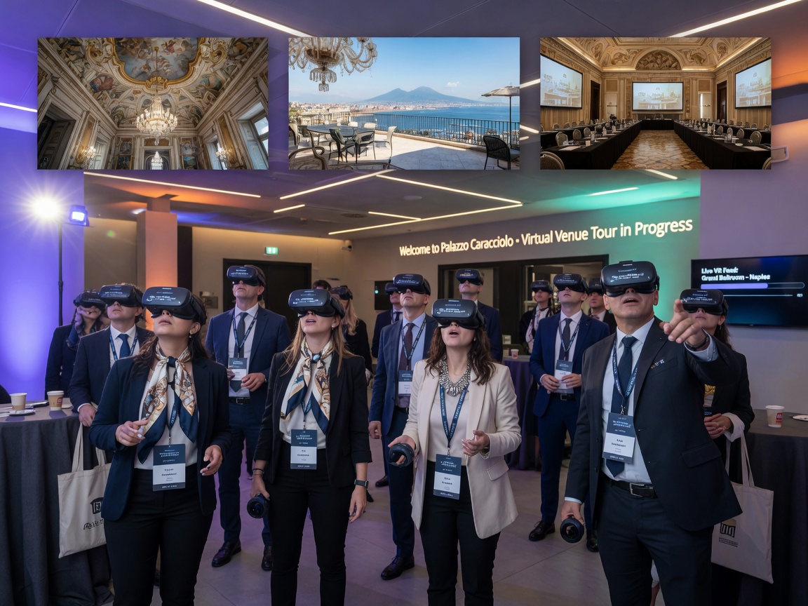 Group of corporate event attendees wearing VR headsets experiencing a virtual tour of a Naples conference venue, modern business setting