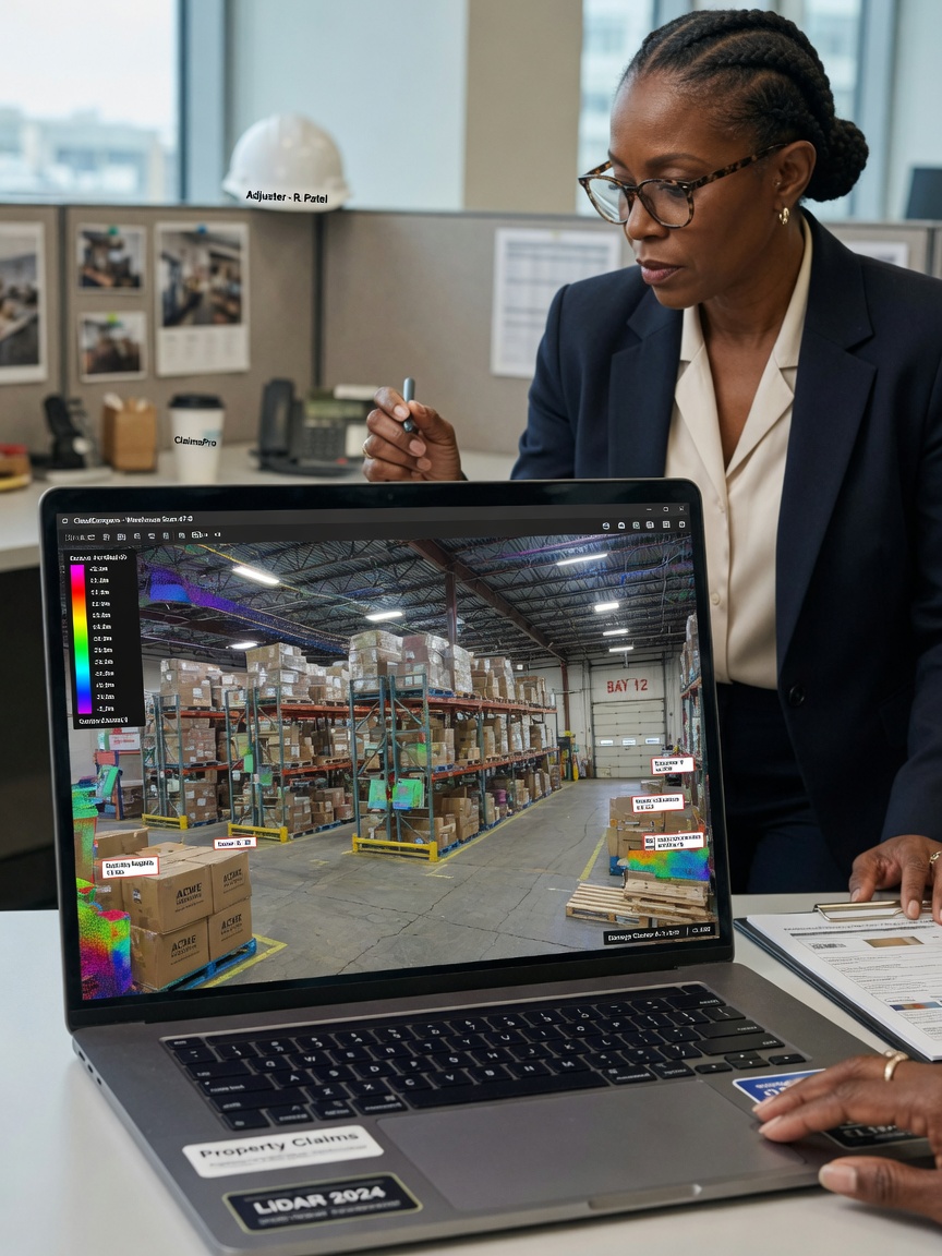 Insurance adjuster examining detailed LiDAR point cloud scan of commercial warehouse interior on laptop screen, professional setting, photorealistic detail