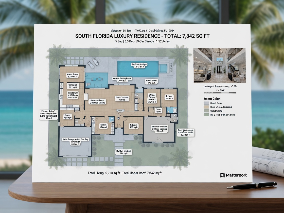 Professional 8K rendering of South Florida luxury home floor plan generated from Matterport scan with accurate square footage measurements displayed, clean architectural style