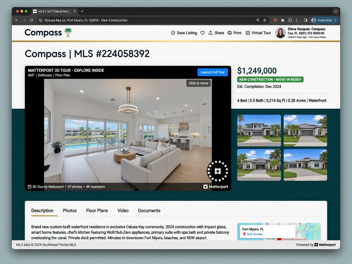 Busy real estate MLS listing page featuring a prominent Matterport 3D tour embed for a Fort Myers new construction home, professional web design aesthetic, ultra-sharp 8K screenshot style