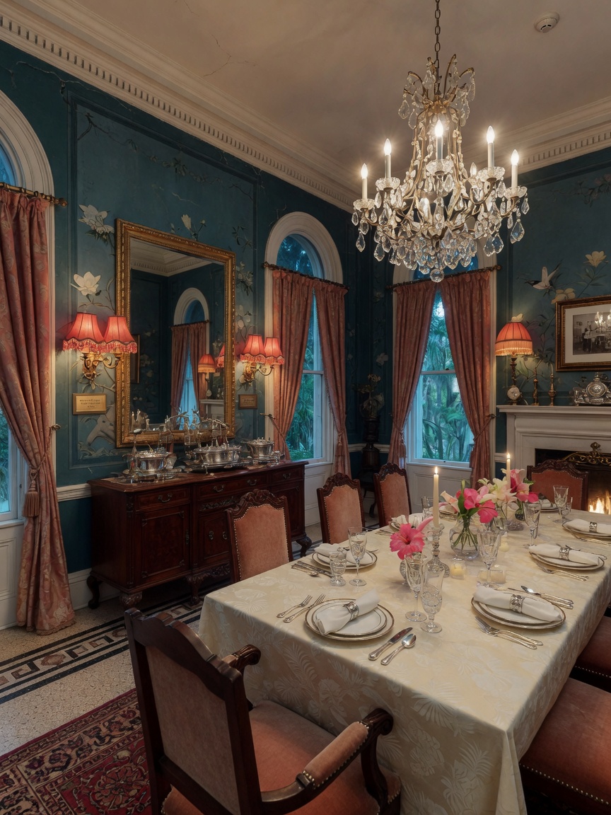 Beautifully lit private dining room in a historic Fort Myers mansion captured in rich detail for a Matterport virtual tour, warm ambient lighting