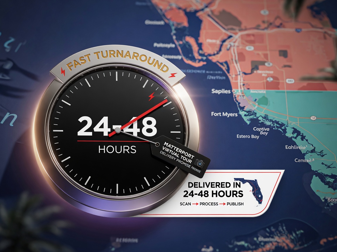 Fast turnaround clock graphic showing 24-48 hour Matterport virtual tour delivery promise with Southwest Florida map in background, clean infographic style, 8K