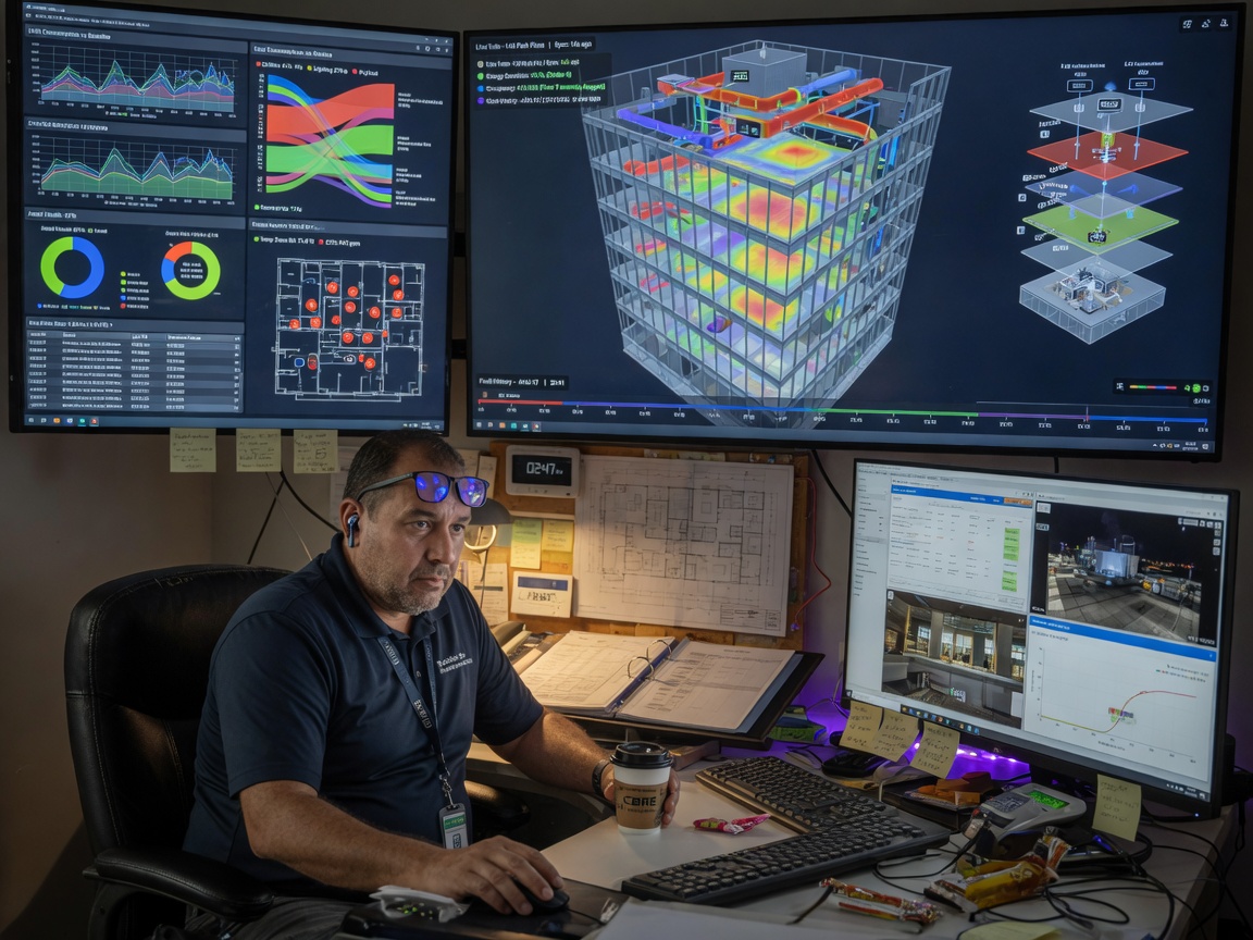 Ultra-realistic 8K image of facilities manager analyzing digital twin of commercial building on multiple monitors, data visualizations, technical workspace environment