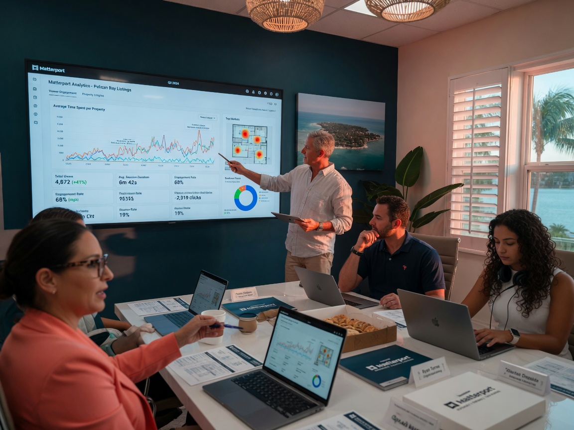 Southwest Florida real estate team reviewing Matterport analytics dashboard showing viewer engagement metrics on large conference room screen, modern office setting, 8K ultra-realistic
