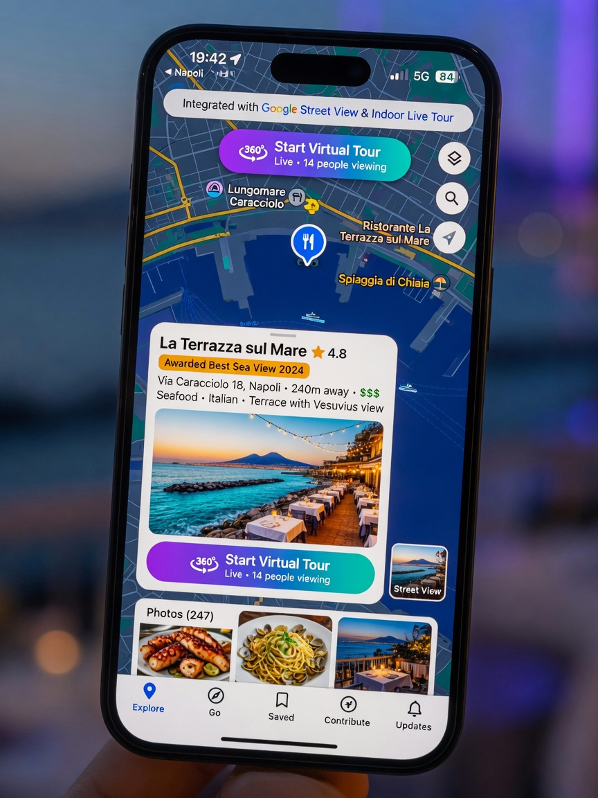 Smartphone screen showing Google Maps with integrated virtual tour option for a popular Naples beachfront restaurant, realistic UI