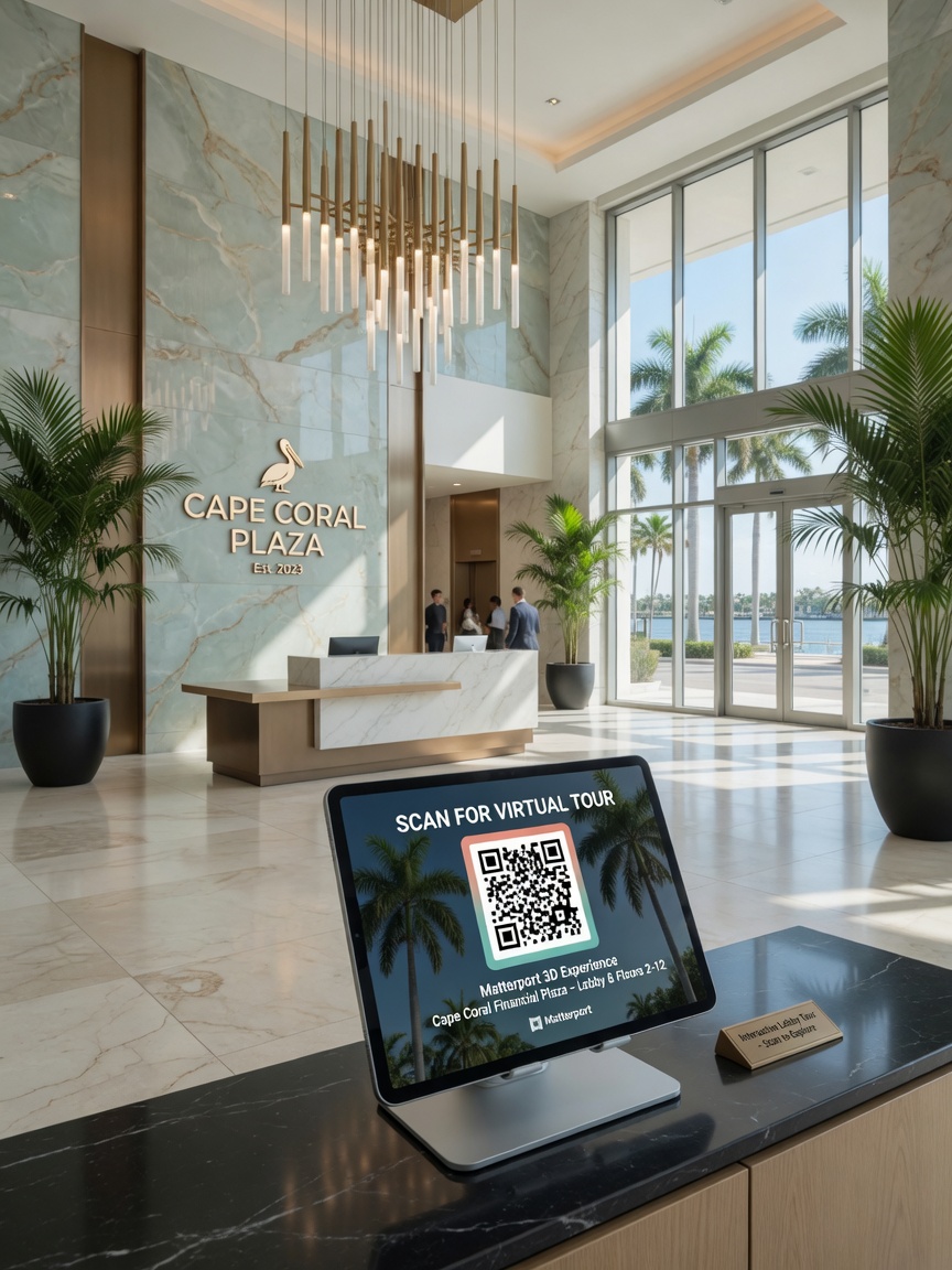 Modern commercial building lobby in Cape Coral with digital Matterport tour QR code displayed on tablet, elegant interior design, natural lighting, ultra realistic