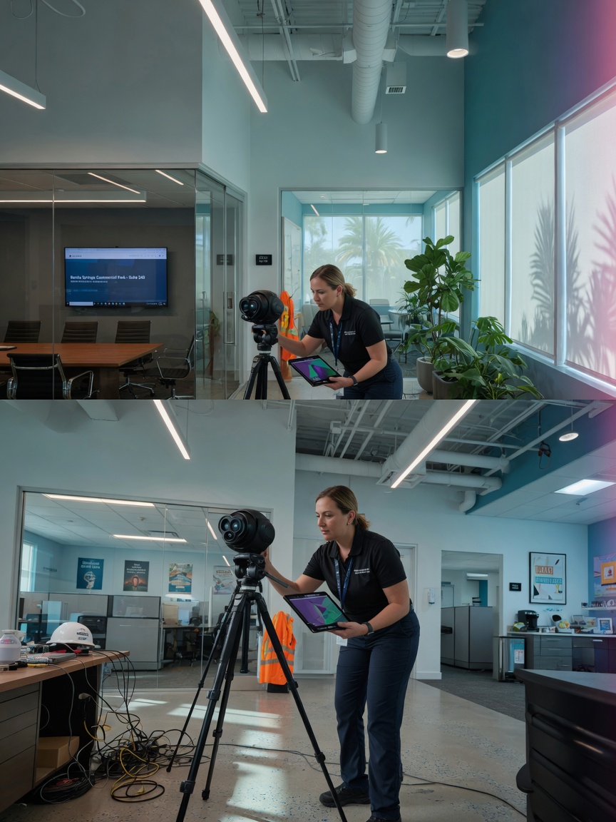Technician carefully scanning a complex commercial office space in Bonita Springs with multiple rooms and high ceilings using Matterport camera, natural office lighting, 8K documentary style