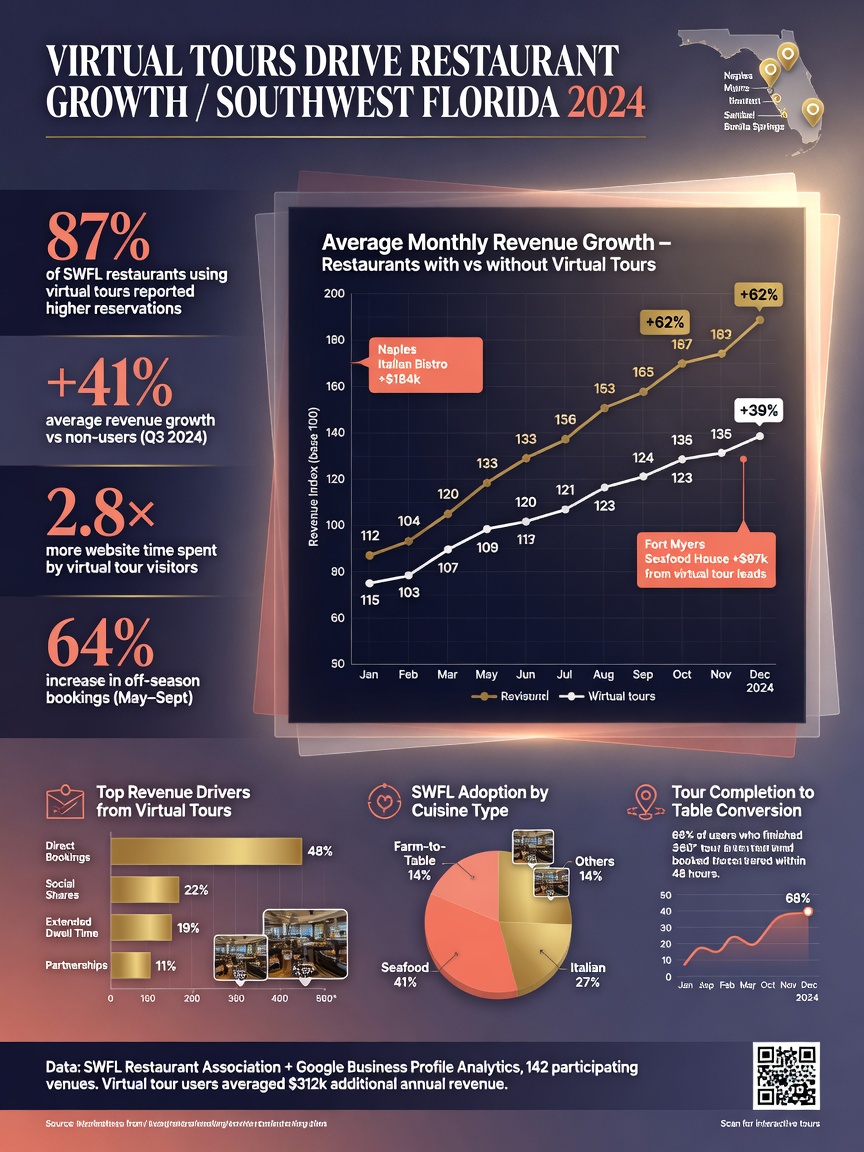 Infographic displaying statistics and revenue growth charts for restaurants using virtual tours in Southwest Florida, clean professional design