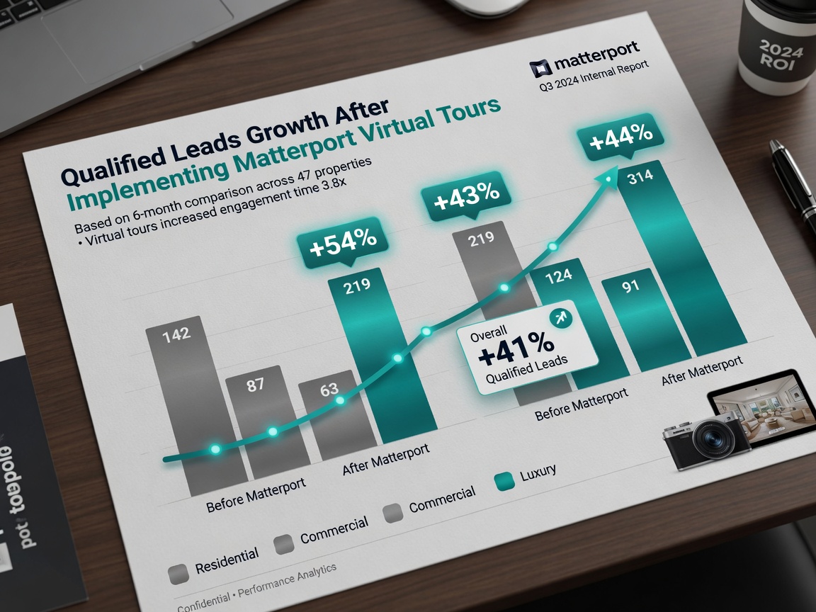 Data visualization chart showing 30-50% increase in qualified leads after implementing Matterport virtual tours, professional business graphics, clean 8K